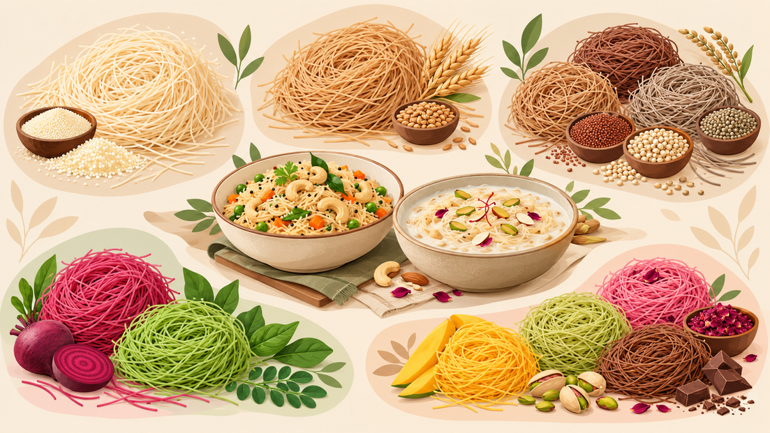 Illustration of plain, grain-based and flavoured shevai with ingredients, vermicelli upma and kheer