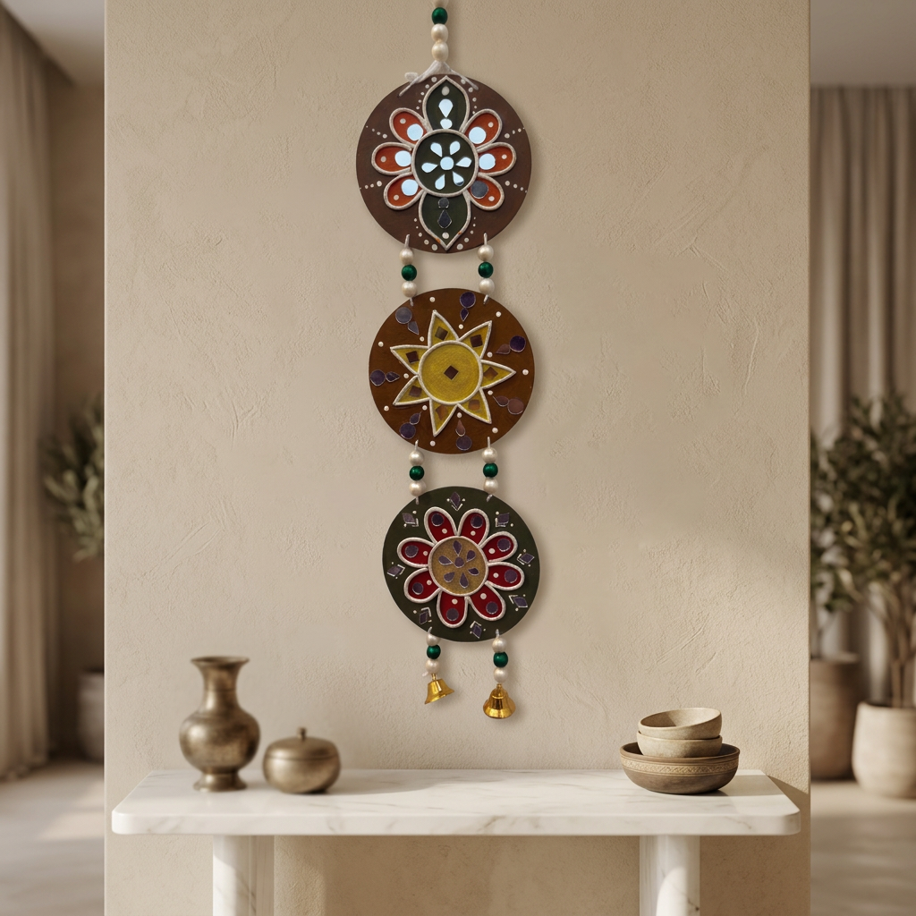 SUJATA CREATIONS Three Round Brown Hanging 4x17 Inch Handmade Decorative Latkan Wall Hanging Home Decor Pack of 1 Piece