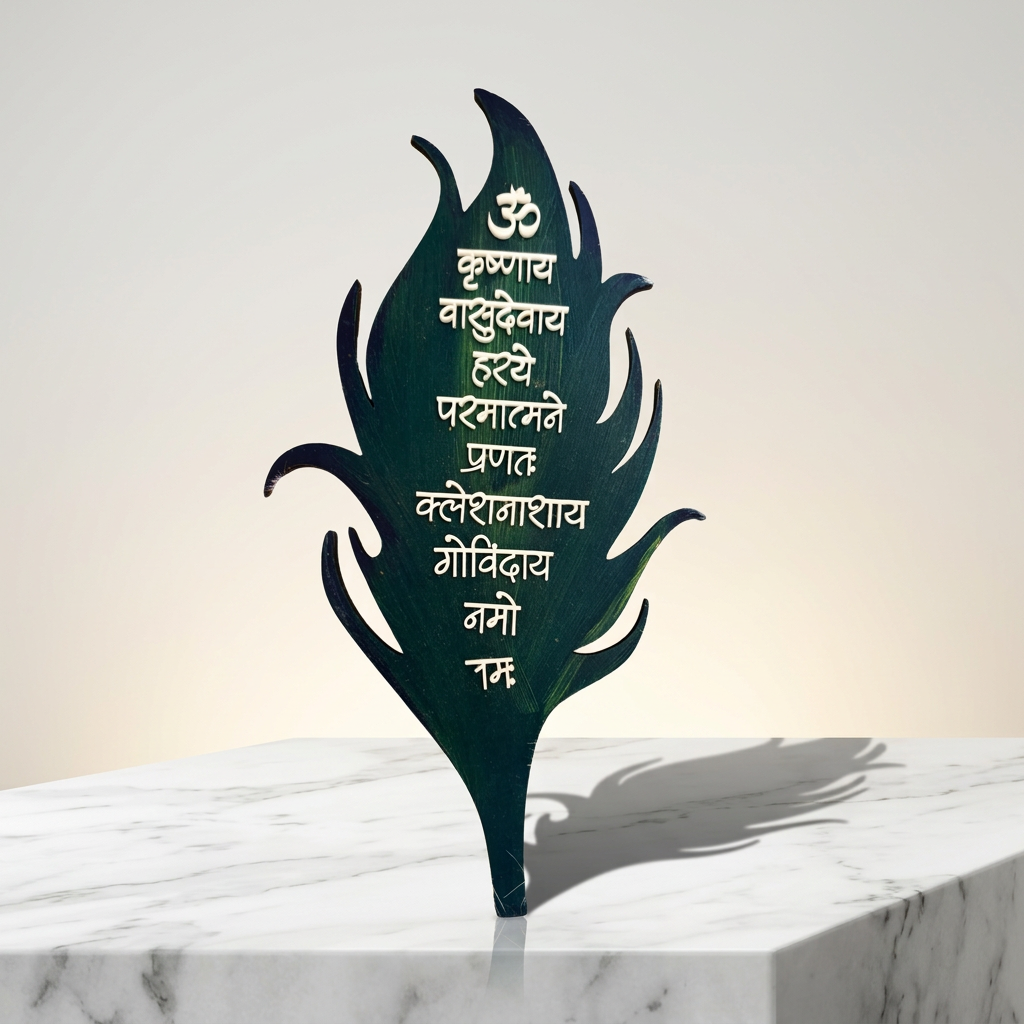 HANDCRAFTED BLISS Krishna Mantra Mor Pankha Wall Decor 10x6 Inch Spiritual Leaf Design Decorative Piece Cultural Home Art Handcrafted By SHG Pack Of 1 Piece