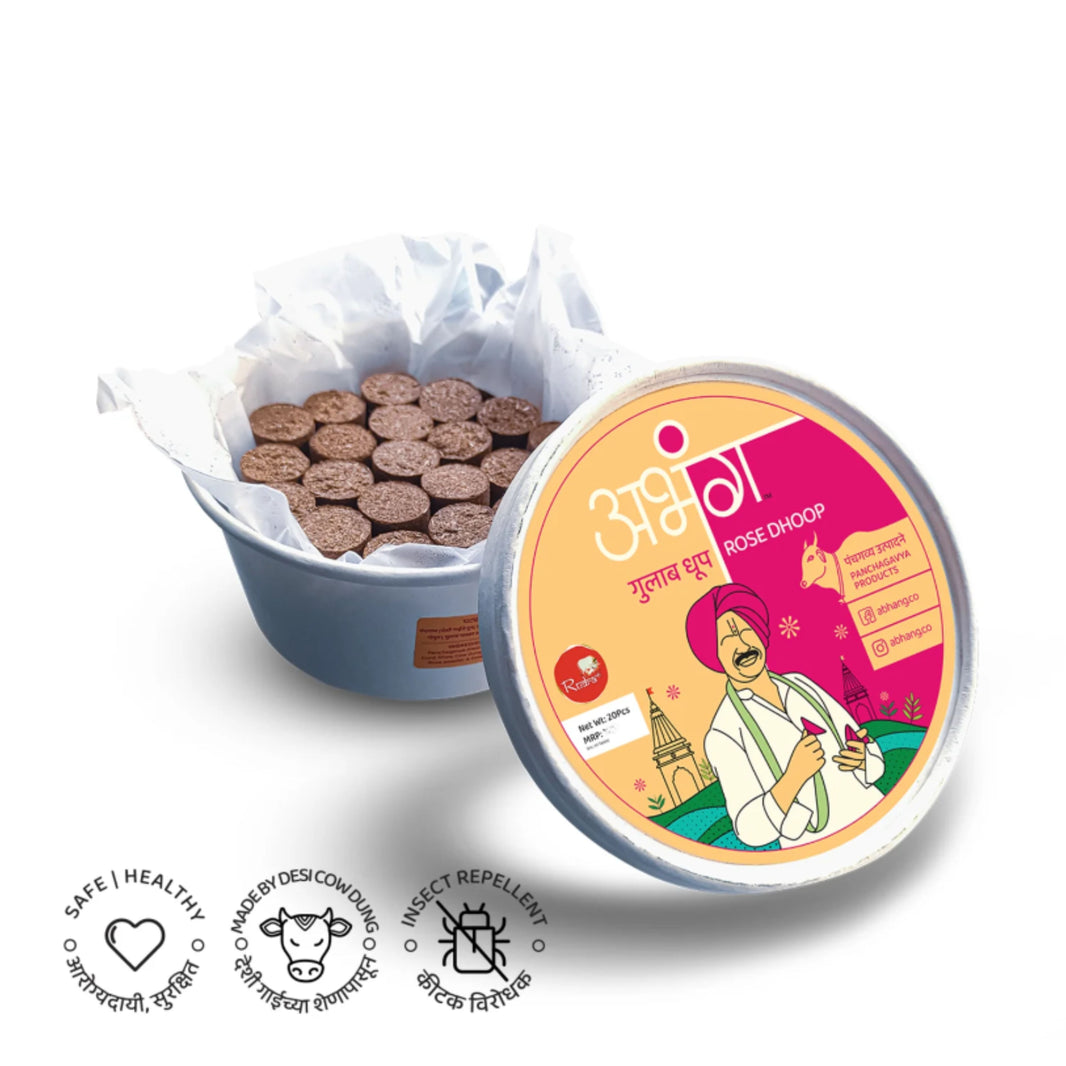 ABHANG Dhoop Sticks Combo Pack (Rose, Sandalwood, Loban, Guggul), Charcoal Free, Long Lasting, Natural Fragrance, Made By Cow Dung, No Artificial Essence, 4 Pack of 20 sticks each