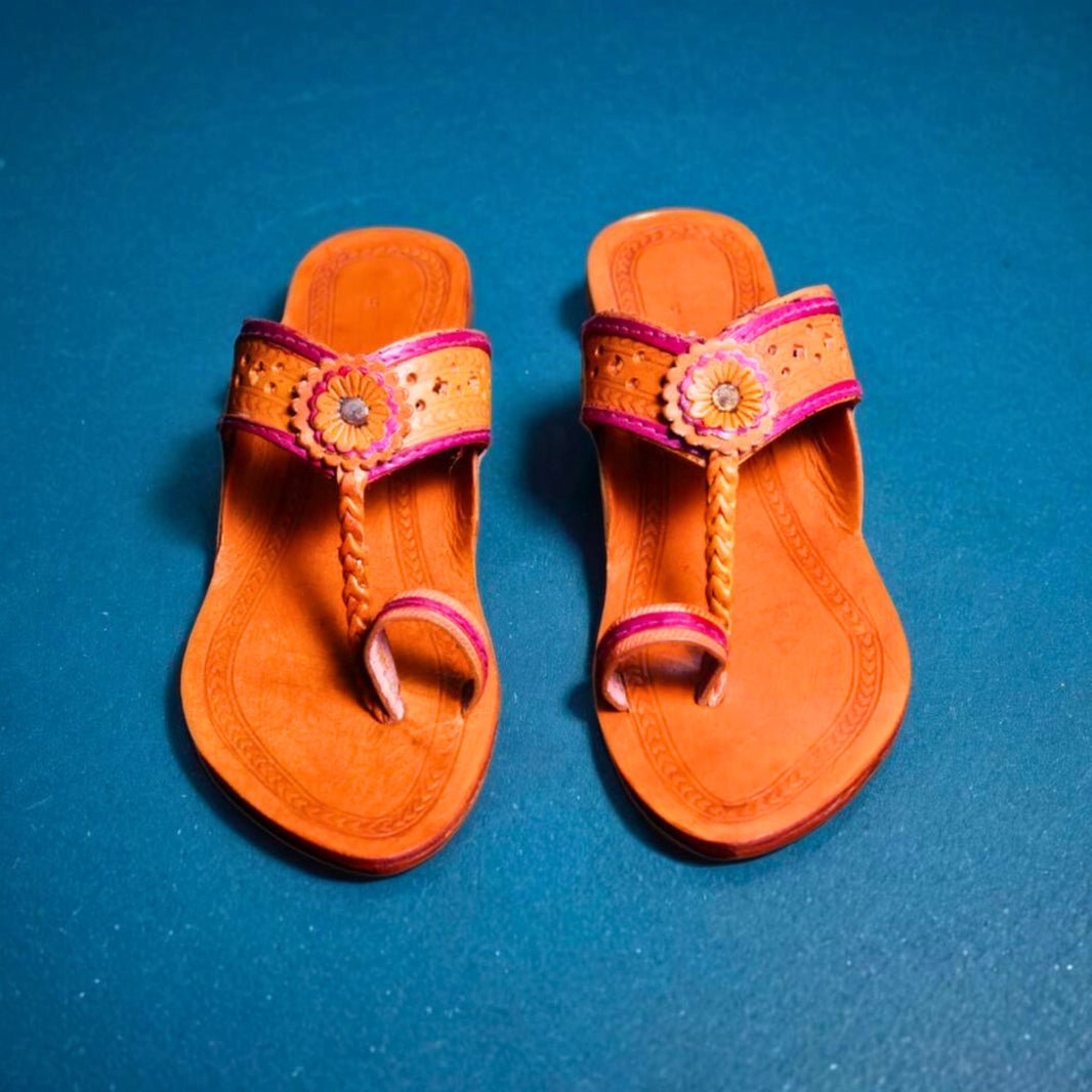 KOLHAPURI CHAPPAL, Kolhapuri Nach Mauri Patta Ladies Leather Footwear, Orange Colour Pack Of 1