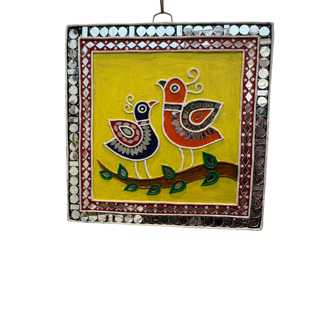 SUJATA CREATIONS Square Frame Two Birds Lippan Art 8x8 Inch Handmade Decorative Wall Showpiece Traditional Art Pack of 1 Piece