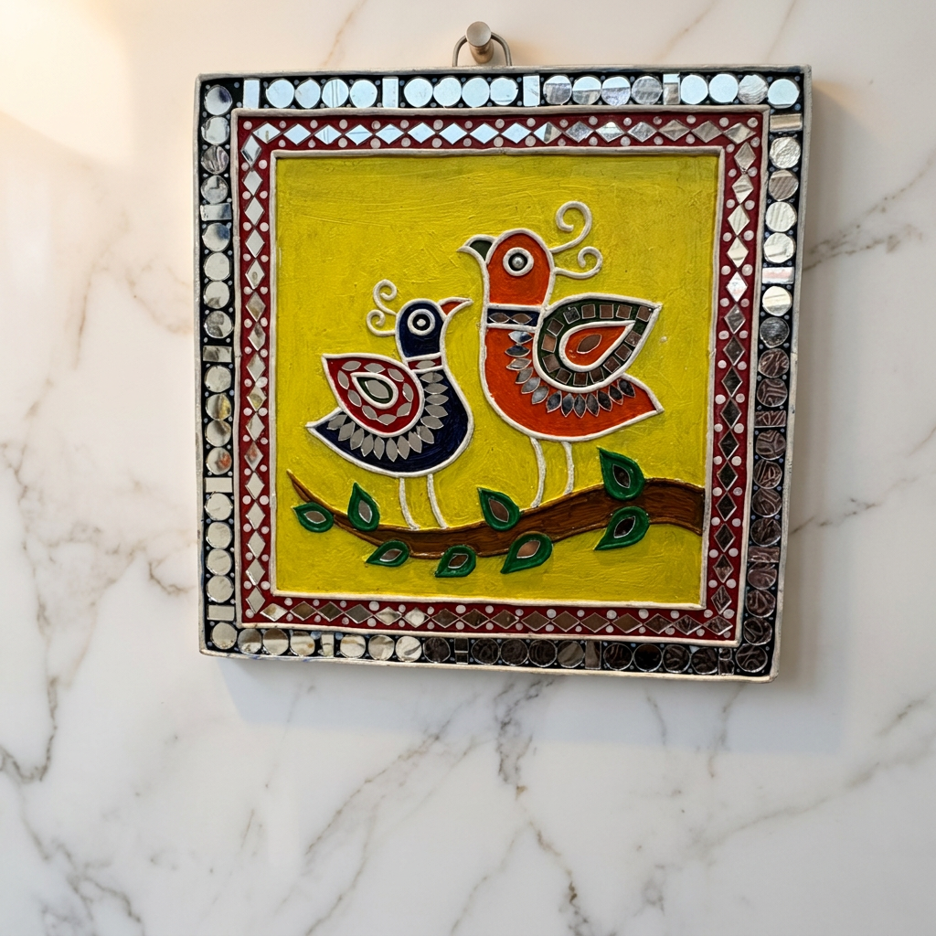 SUJATA CREATIONS Square Frame Two Birds Lippan Art 8x8 Inch Handmade Decorative Wall Showpiece Traditional Art Pack of 1 Piece