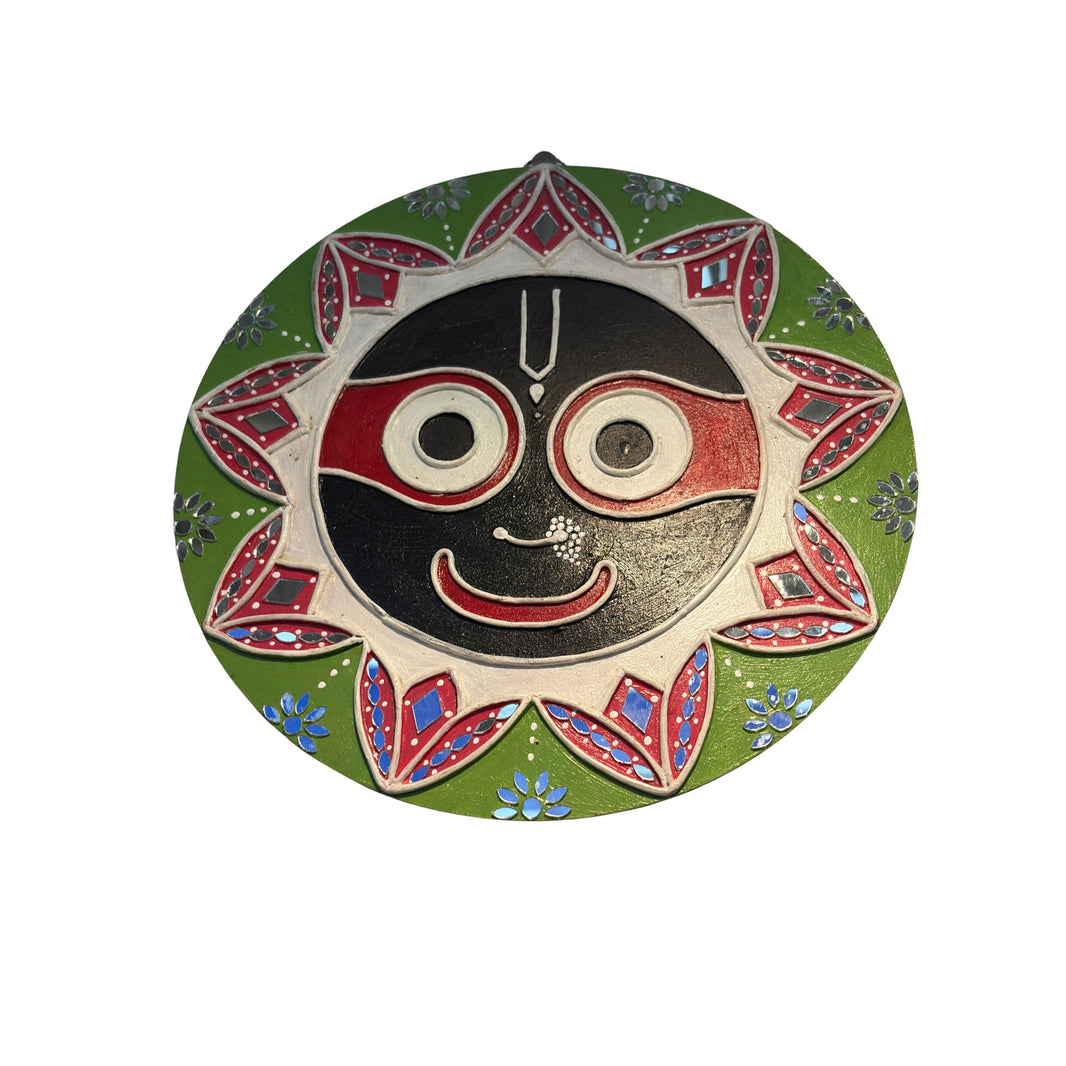 SUJATA CREATIONS Green Jay Jagannath Lippan Art 10 Inch Round Handmade Devotional Wall Showpiece Spiritual Home Decor Pack of 1 Piece
