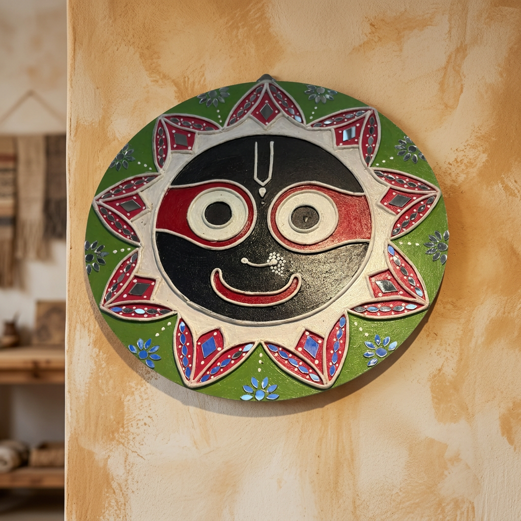 SUJATA CREATIONS Green Jay Jagannath Lippan Art 10 Inch Round Handmade Devotional Wall Showpiece Spiritual Home Decor Pack of 1 Piece