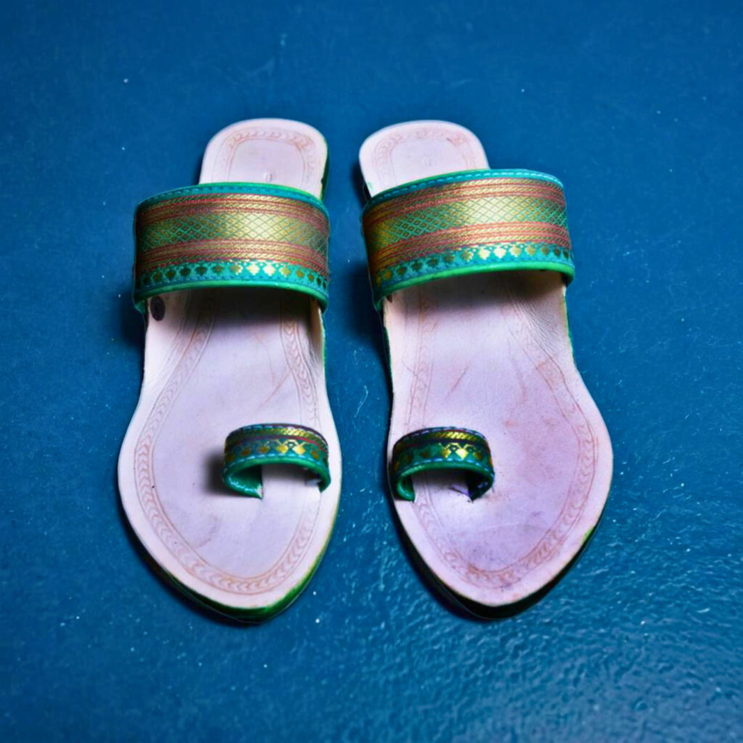 KOLHAPURI CHAPPAL, Kolhapuri Paithani Ladies Leather Footwear, Green White Colour Pack Of 1