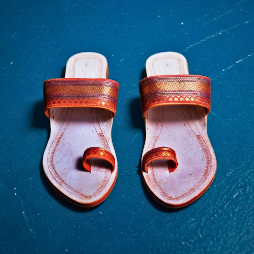 KOLHAPURI CHAPPAL, Kolhapuri Paithani Ladies Leather Footwear, Orange White Colour Pack Of 1