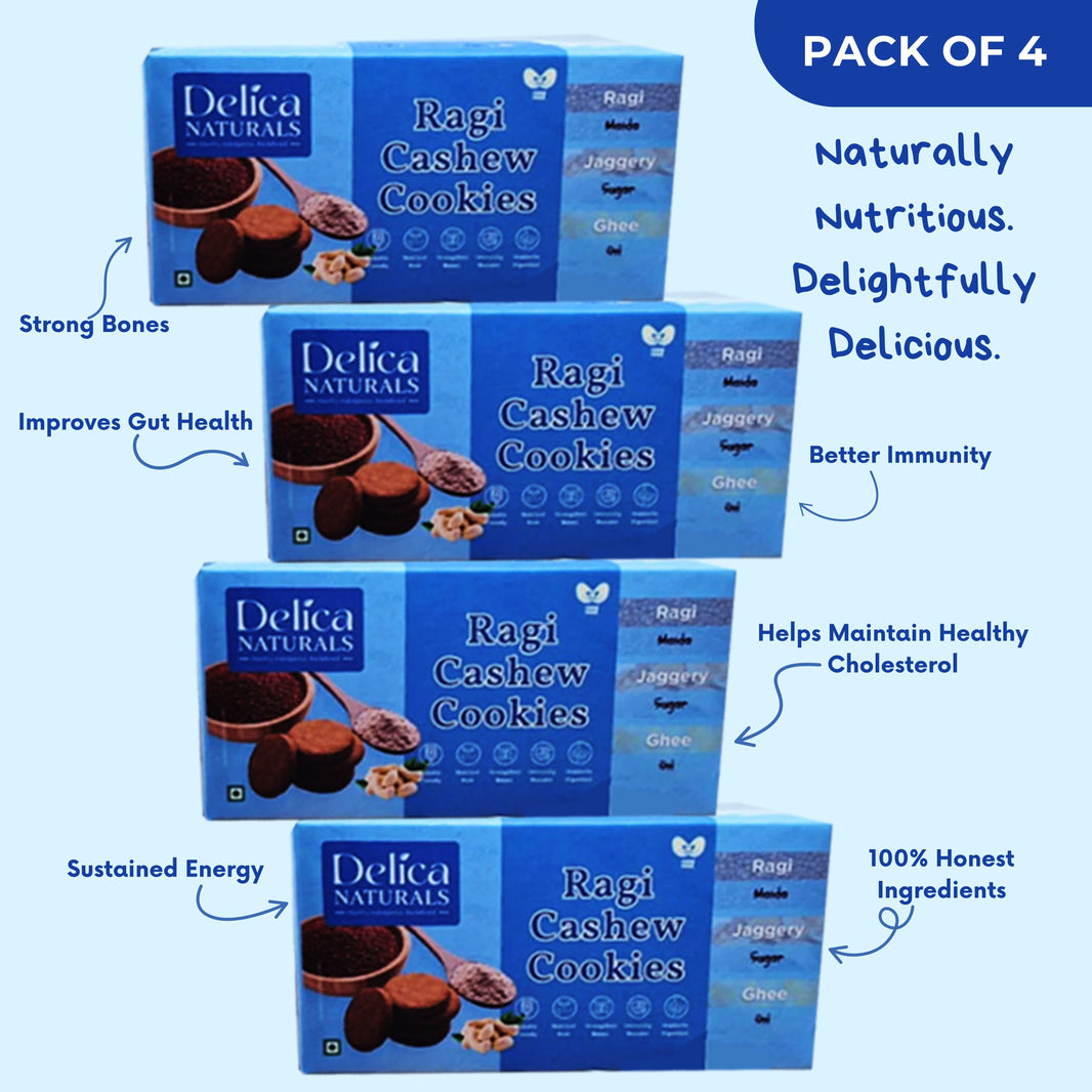 DELICA NATURALS Ragi (Nachani) Cashew Nut Cookies, Pack of 4, Stri Shakti SHG, Made by Jaggery & Ghee, No Maida, No Sugar, Pack of 100 gm