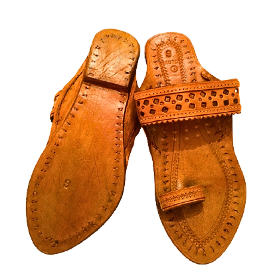 LIDCOM Punching Ladies Kolhapuri Chappal GI Tag Genuine Leather Handcrafted Tan Pack of 1