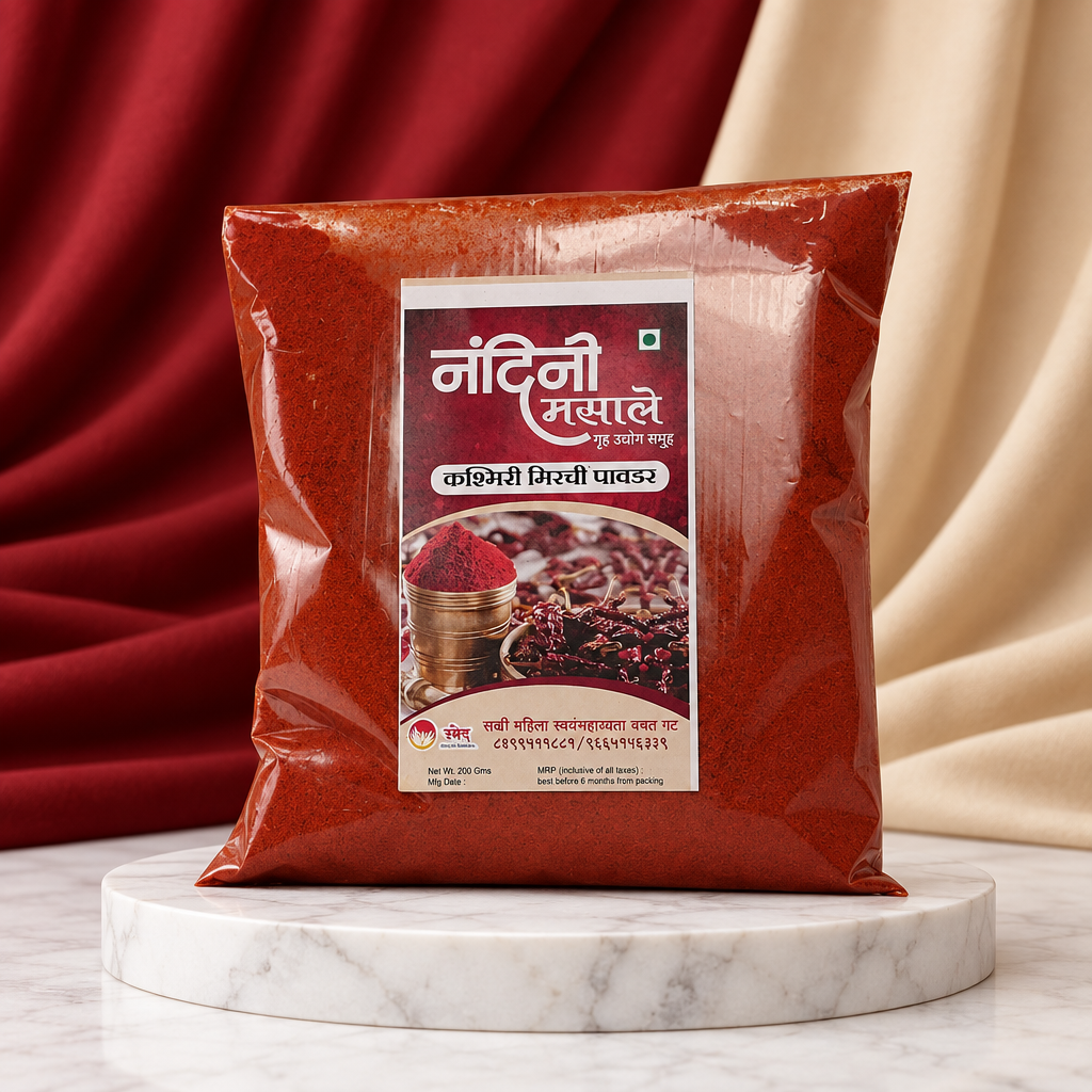 NANDINI MASALE, Kashmiri Mirch Powder, Sakhi SHG, Natural Ingredients, No Artificial Essence, Pack of 200 gm