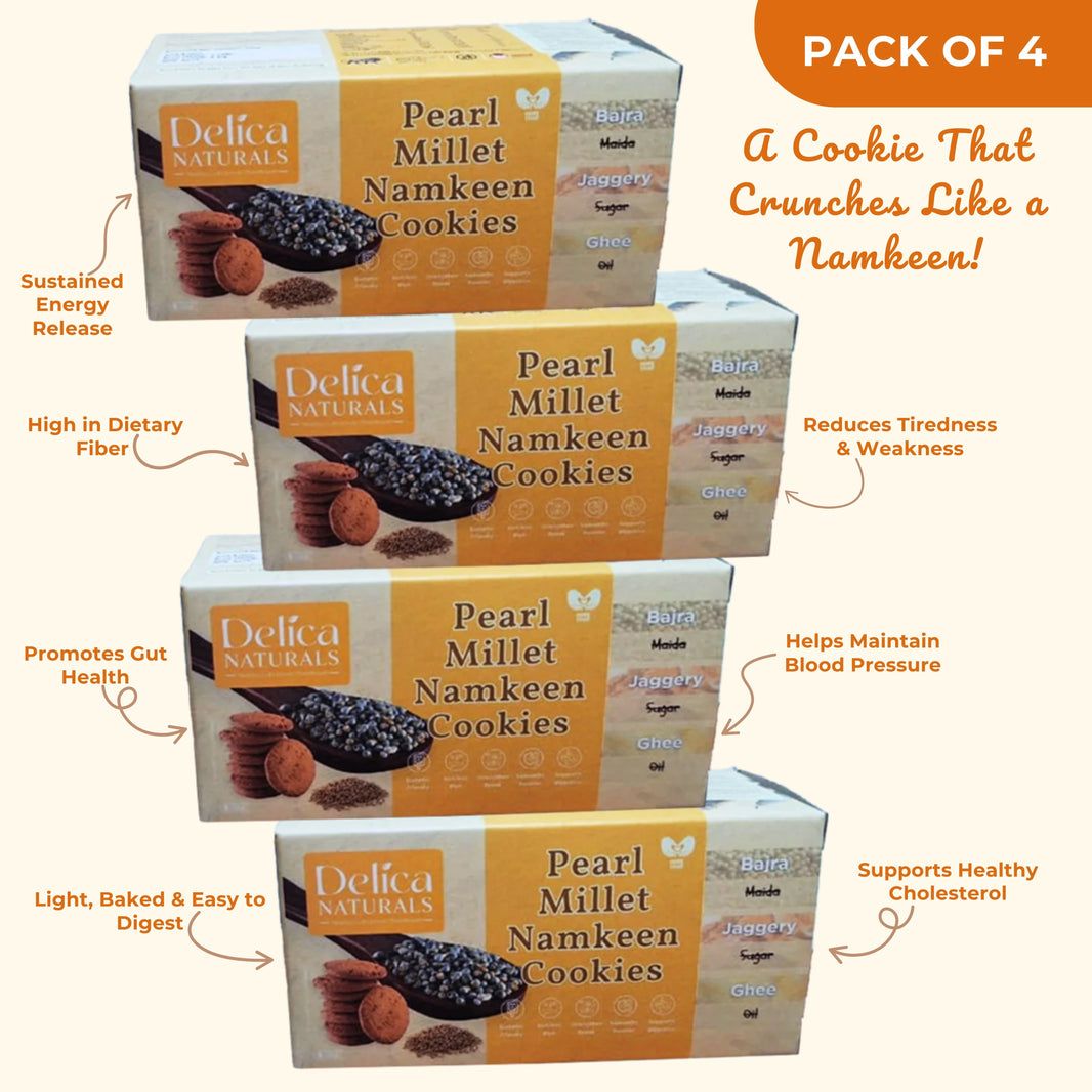 DELICA NATURALS Bajra Namkeen Cookies, Pack of 4, Stri Shakti SHG, Made by Jaggery & Ghee, No Maida, No Sugar, Pack of 100 gm