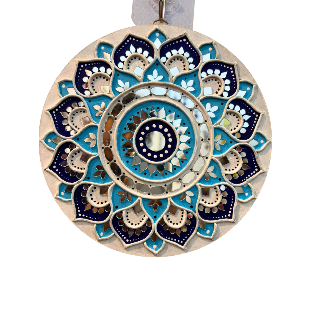 SUJATA CREATIONS White Blue Kamal Pattern Lippan Art 8 Inch Handmade Decorative Wall Showpiece Traditional Mud Mirror Art Pack of 1 Piece