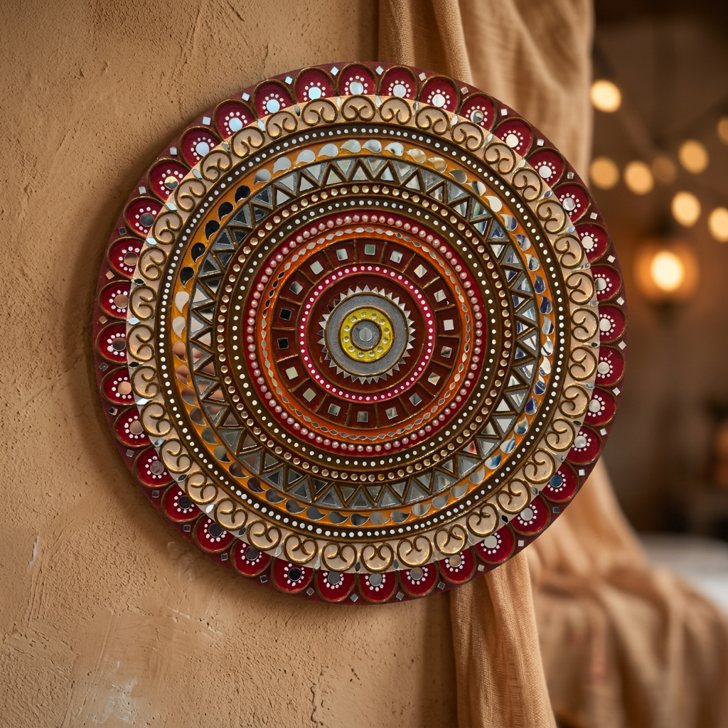 SUJATA CREATIONS Multicolour Round Lippan Art 15 Inch Handmade Decorative Wall Showpiece Ethnic Home Decor Pack of 1 Piece