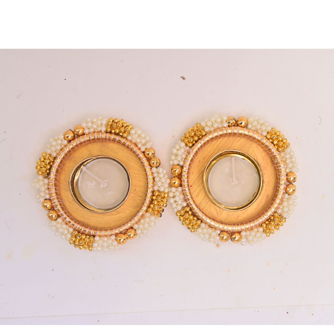 SNEHAL'S CRAFT House White Moti Circle Candle Holder, 5x5, Made By Krantijyoti SHG, Pack of 2 Pieces