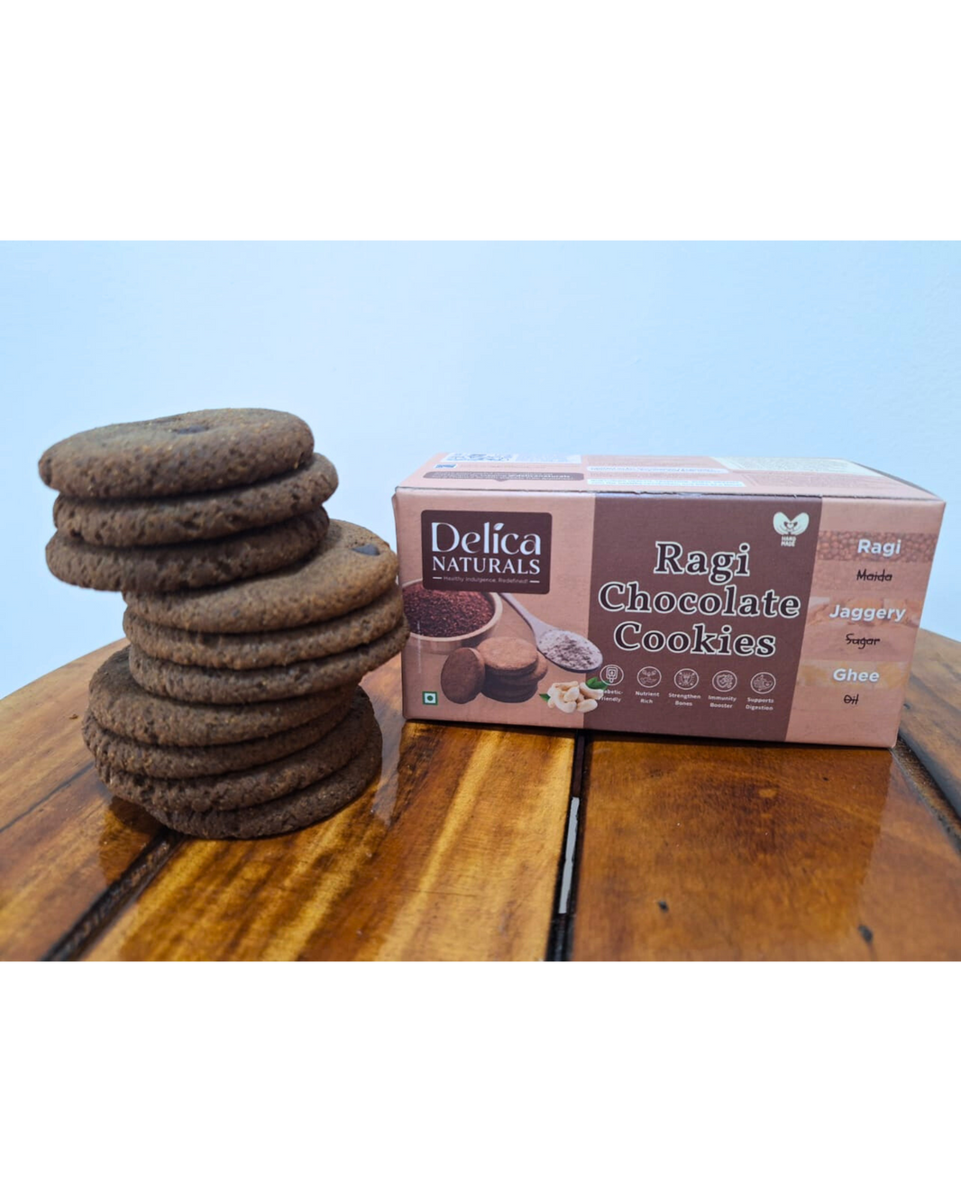 DELICA NATURALS Ragi (Nachani) Chocolate Cookies, Stri Shakti SHG, Made by Jaggery & Ghee, No Maida, No Oil, Pack of 100 gm