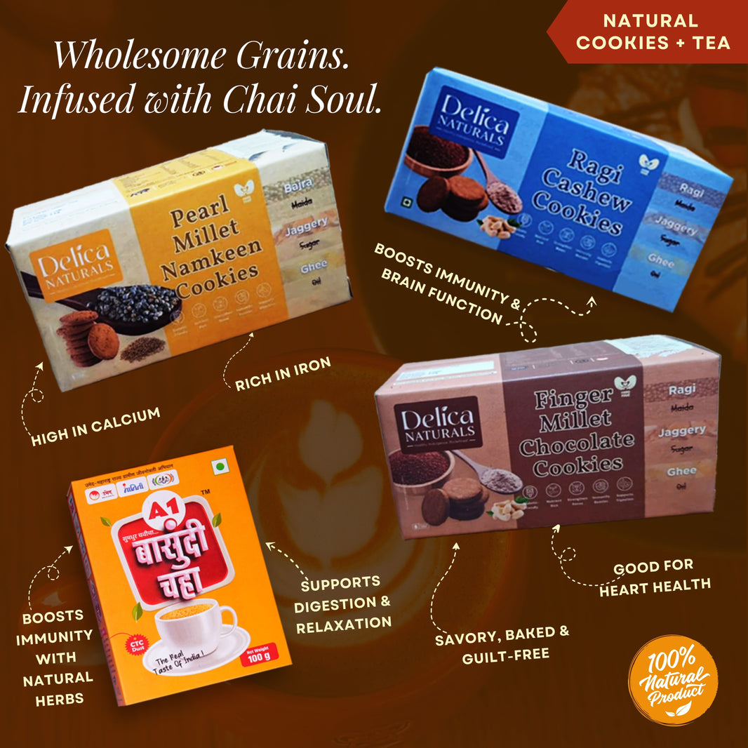UMED MART A1 Basundi Tea Powder & Ragi Chocolate Cookies, Ragi Cashew Nut Cookies, and Bajra Namkeen Cookies (100 Gram each), Natural Flavored, No Artificial Colors, Handcrafted Tea, Pack of 4, 100 gms (90 cups)