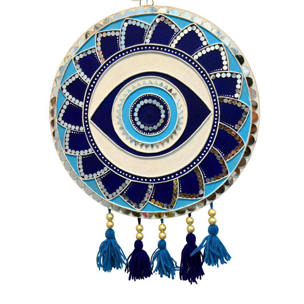 SUJATA CREATIONS Evil Eye Blue Lippan Art 12 Inch Round Handmade Decorative Protection Wall Showpiece Pack of 1 Piece