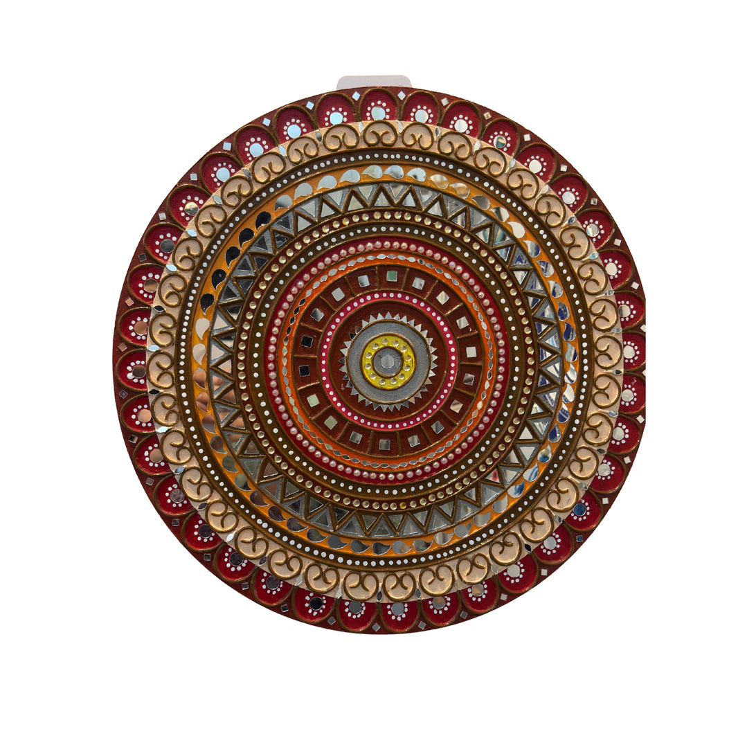 SUJATA CREATIONS Red Yellow Border Multicolour Lippan Art 15 Inch Round Handmade Decorative Wall Showpiece Ethnic Home Decor Pack of 1 Piece
