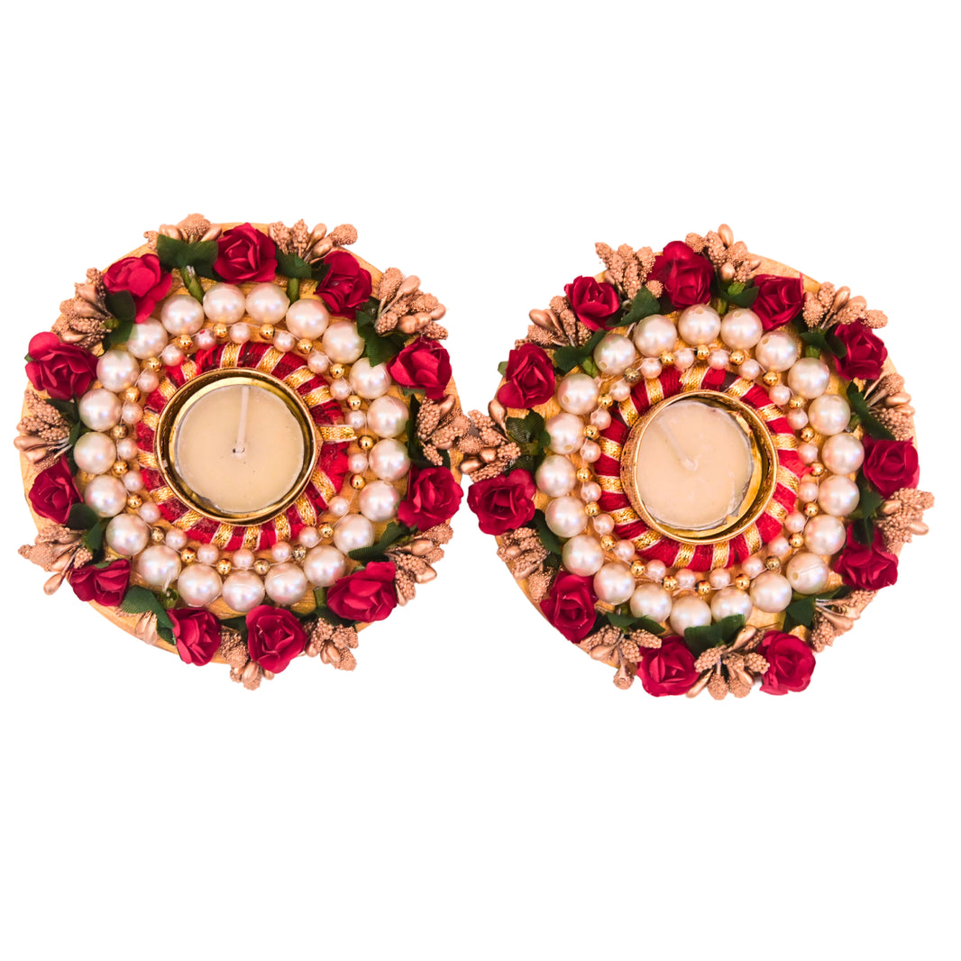 SNEHAL'S CRAFT House Red Rose Circle Candle Holder, 5x5, Made By Krantijyoti SHG, Pack of 2 Pieces