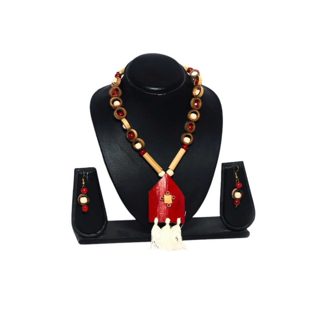 ECO AURA Rani Har, Bamboo Neckless with Ear Rings, Bamboo ART, Ujjwala SHG, Natural Wood, Local Craftsmanship, Pack of 1 No