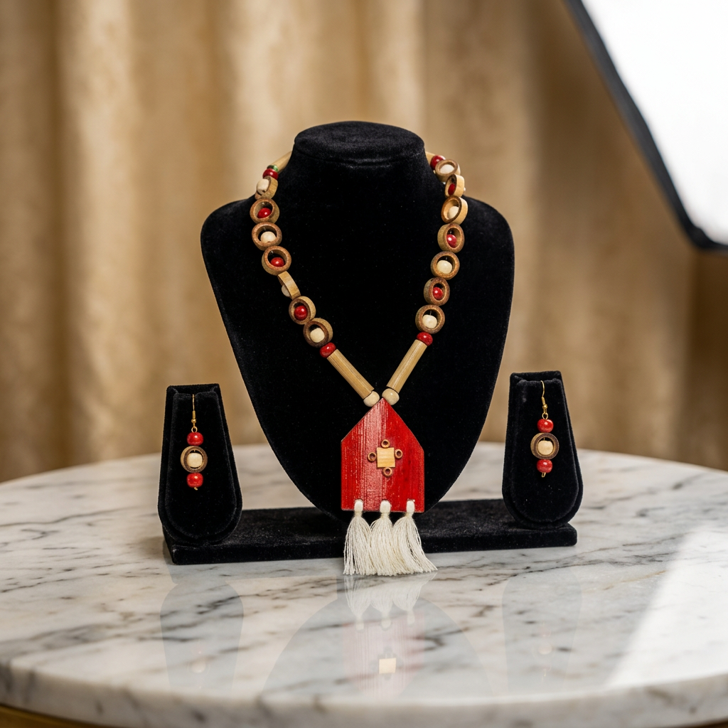 ECO AURA Rani Har, Bamboo Neckless with Ear Rings, Bamboo ART, Ujjwala SHG, Natural Wood, Local Craftsmanship, Pack of 1 No