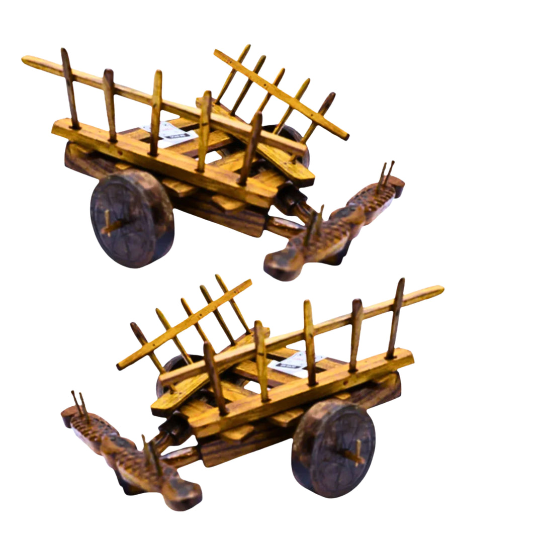 SANT GYANESHWAR Wooden Bullock Cart Toy Natural Wood Traditional Handmade SHG Craft Pack of 2
