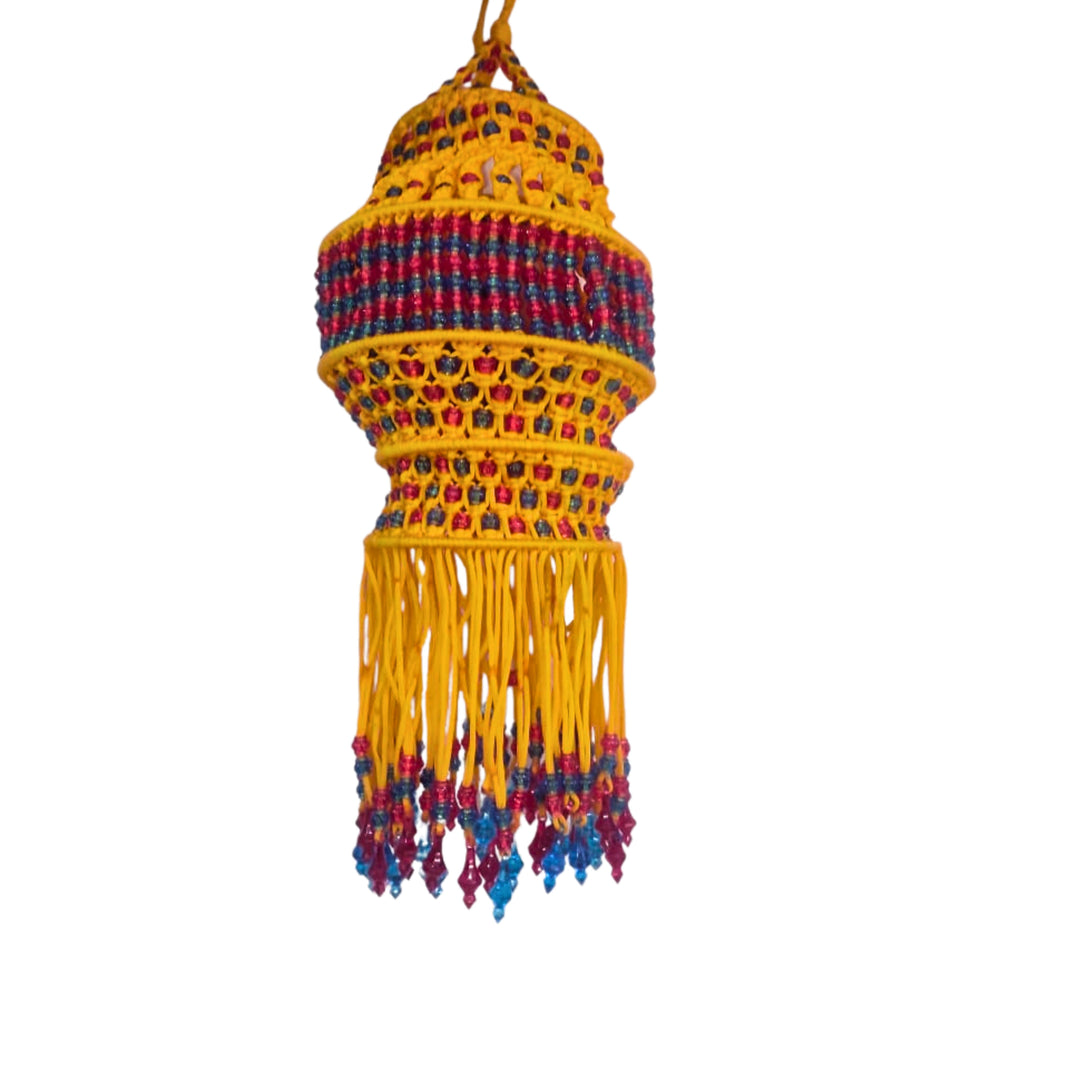 SUGARAN Red &Blue beaded yellow akashkandil | Diwali decorations feature an abundance of colorful lights, flowers, and auspicious symbols | Pack of 1pic