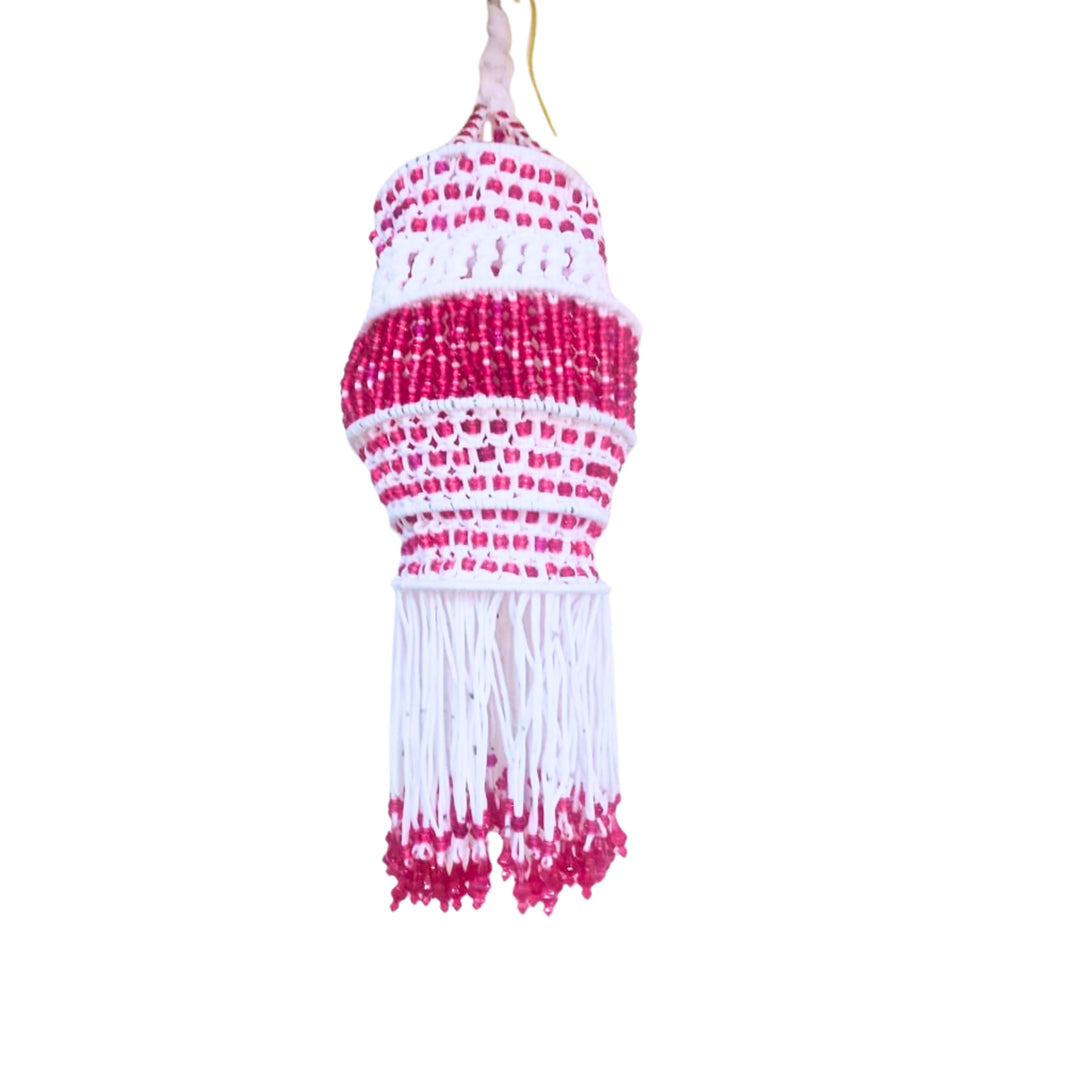 SUGARAN Red beaded white Akash kandil | Diwali decorations feature an abundance of colorful lights, flowers, and auspicious symbols | Pack of 1pic