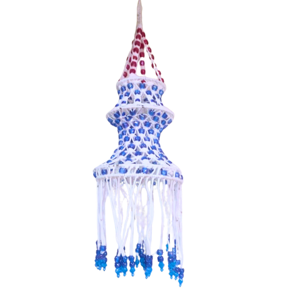 SUGARAN Red blue beaded white akash kandil | Diwali decorations feature an abundance of colorful lights, flowers, and auspicious symbols | Pack of 1pic