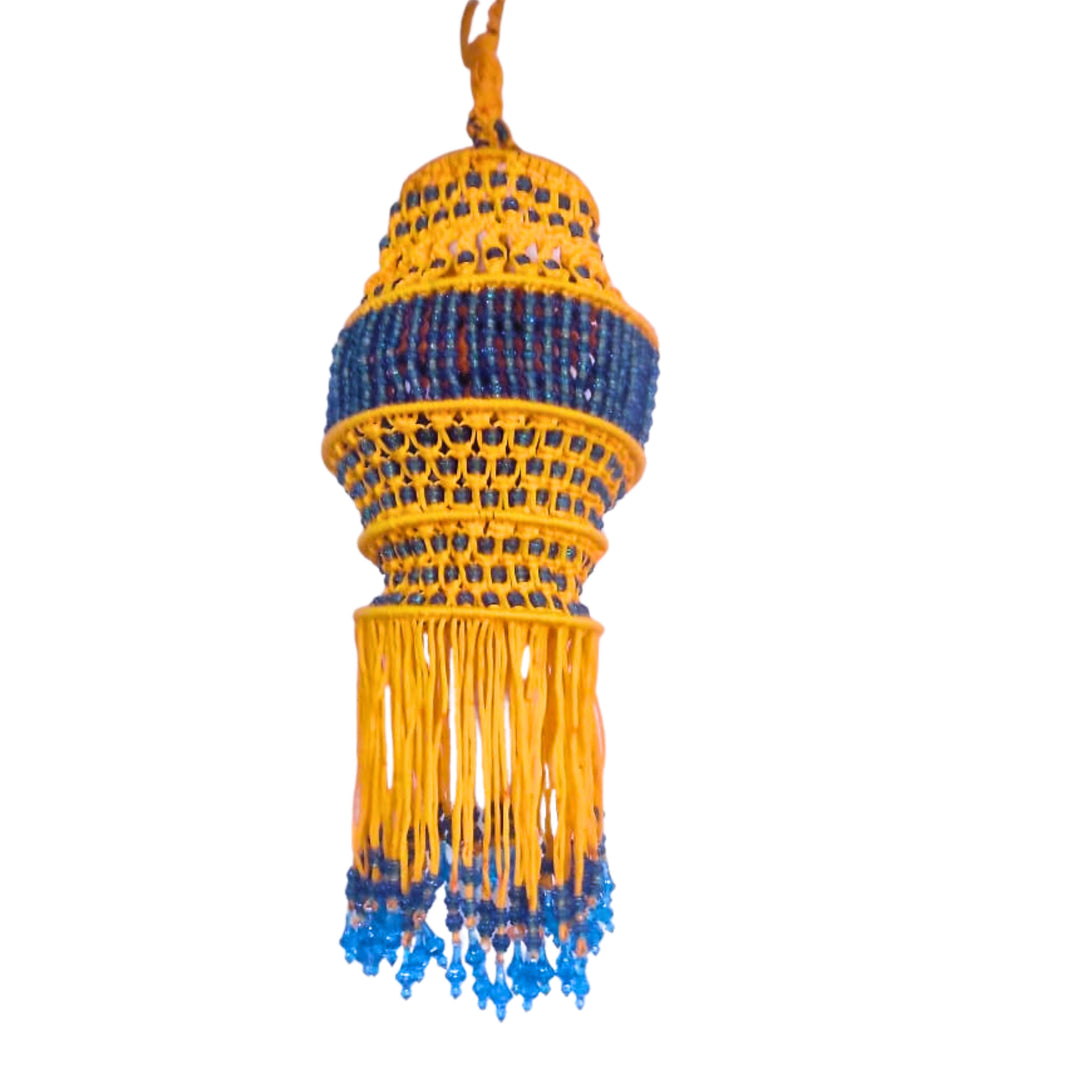 SUGARAN Yellow kandil with blue Beads | Diwali decorations feature an abundance of colorful lights, flowers, and auspicious symbols | Pack of 1pic