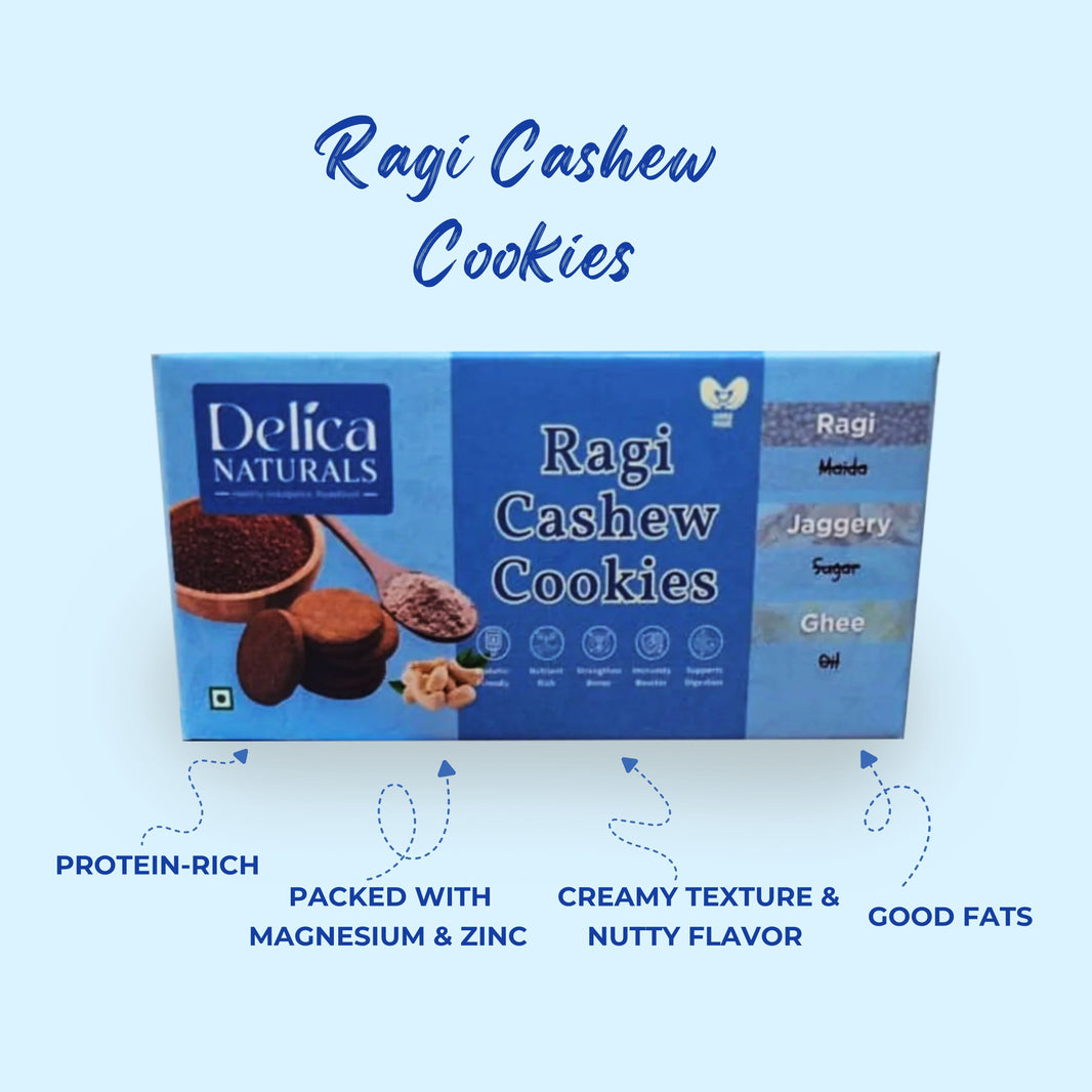DELICA NATURALS Ragi (Nachani) Cashew Nut Cookies, Pack of 4, Stri Shakti SHG, Made by Jaggery & Ghee, No Maida, No Sugar, Pack of 100 gm