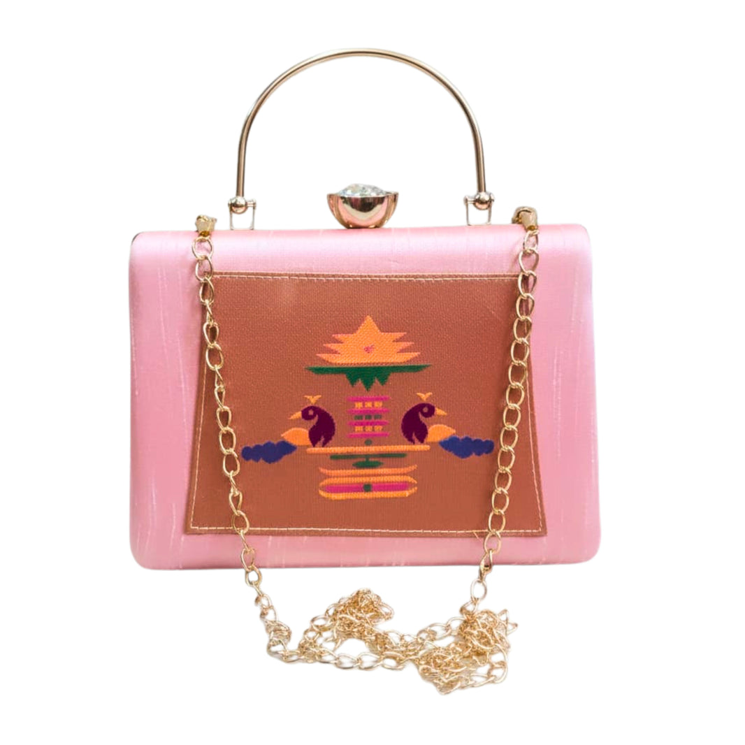 SHRISEVA Rectangular Paithani Clutch Pure Handloom Light Pink Colour Pack Of 1 Traditional Ethnic Fashion Accessory Handcrafted Designer Purse