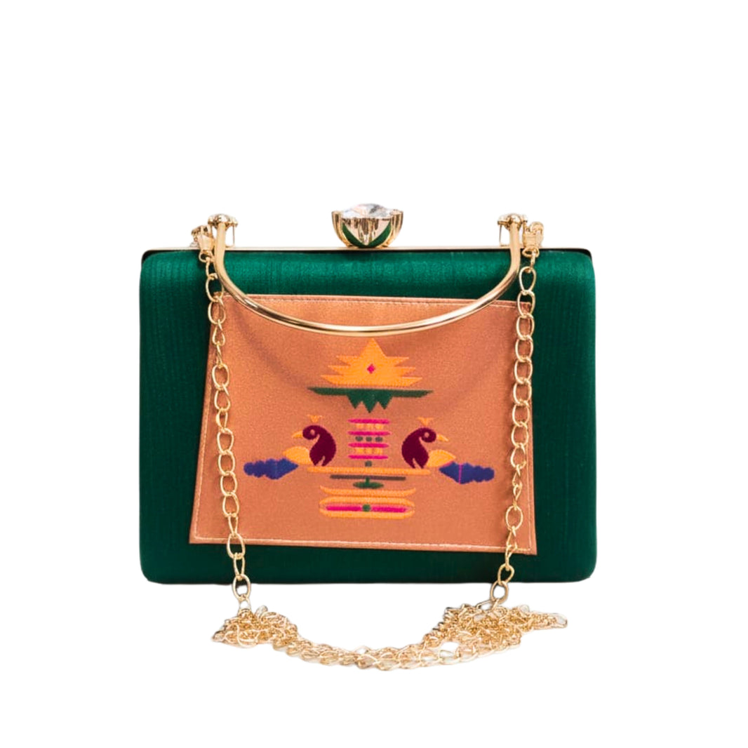SHRISEVA Rectangular Paithani Clutch Pure Handloom Green Colour Pack Of 1 Traditional Ethnic Fashion Accessory Handcrafted Designer Purse