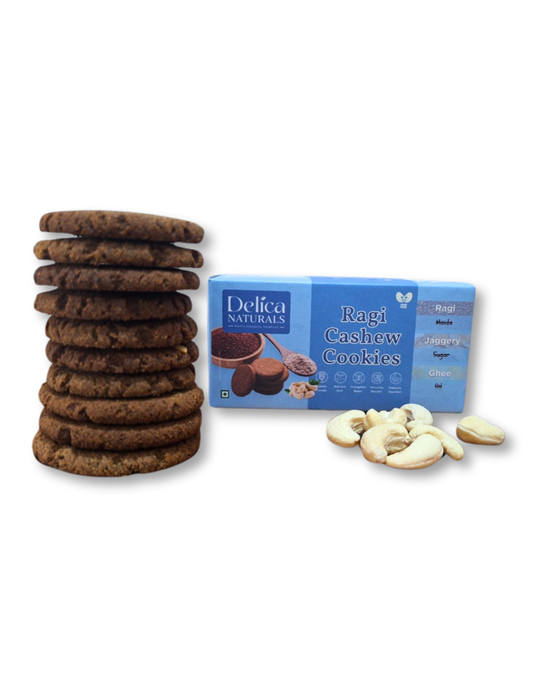 DELICA NATURALS Ragi (Nachani) Cashew Nut Cookies, Stri Shakti SHG, Made by Jaggery & Ghee, No Maida, No Sugar, Pack of 100 gm