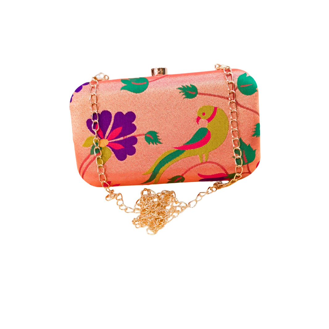 SHRISEVA Square Handle Clutch With Sling Chain Parrot Design Pack Of 1 Designer Ethnic Fashion Bag Handcrafted Traditional Accessory