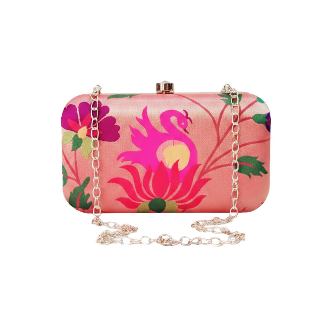 SHRISEVA Square Handle Clutch With Sling Chain Swan Design Pack Of 1 Designer Ethnic Fashion Bag Handcrafted Traditional Accessory
