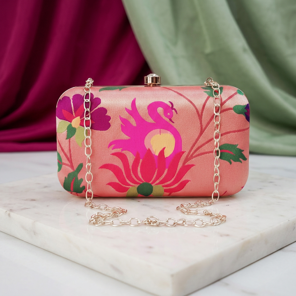 SHRISEVA Square Handle Clutch With Sling Chain Swan Design Pack Of 1 Designer Ethnic Fashion Bag Handcrafted Traditional Accessory