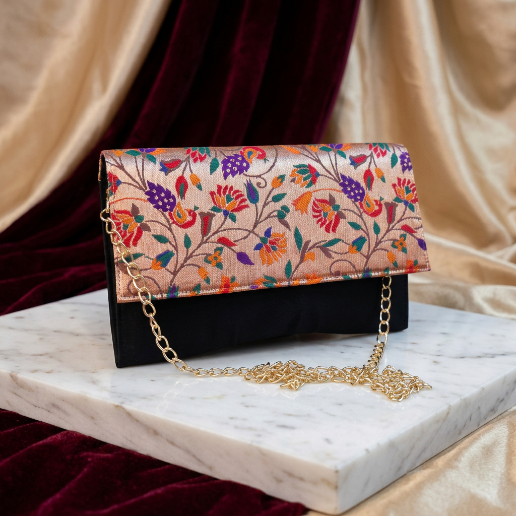 SHRISEVA Paithani Sling Bag Black Colour Rectangular Thin Pack Of 1 Handcrafted Traditional Ethnic Fashion Utility Bag