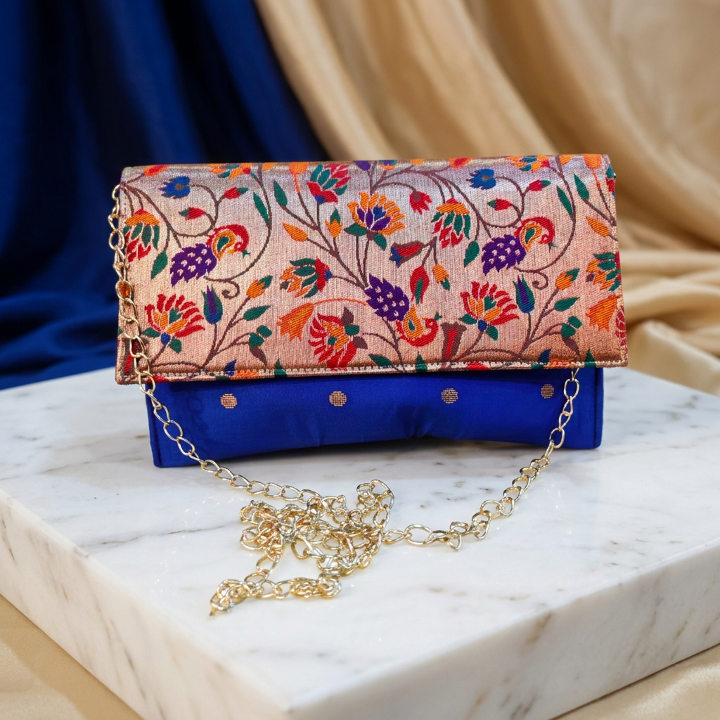 SHRISEVA Paithani Sling Bag Blue Colour Rectangular Thin Pack Of 1 Handcrafted Traditional Ethnic Fashion Utility Bag