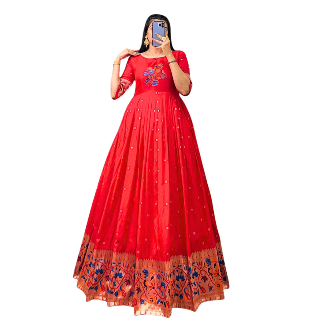 SHRISEVA Full One Piece Paithani Gown Red Colour Free Size Pack Of 1 Traditional Ethnic Festive Wear
