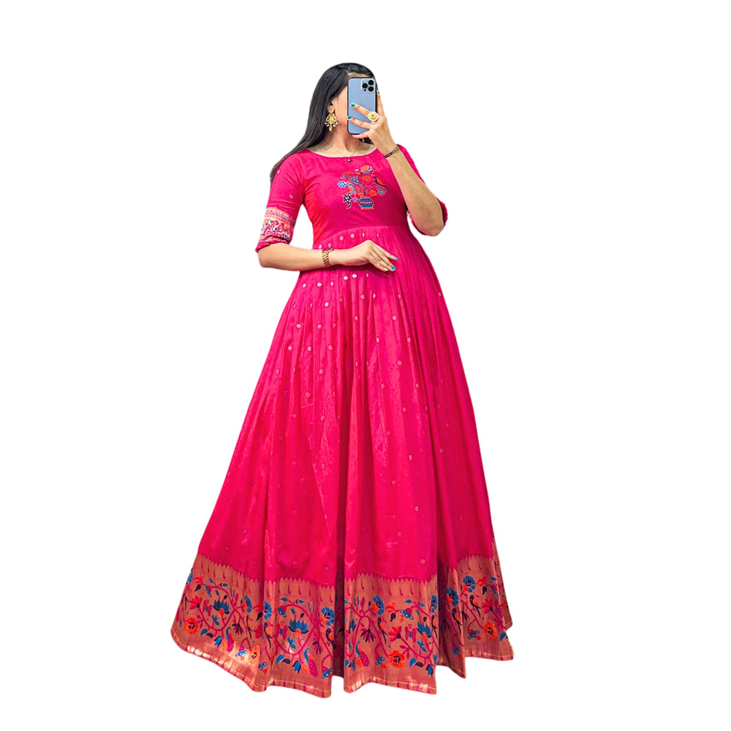 SHRISEVA Full One Piece Paithani Gown Rani Pink Colour Free Size Pack Of 1 Traditional Ethnic Festive Wear