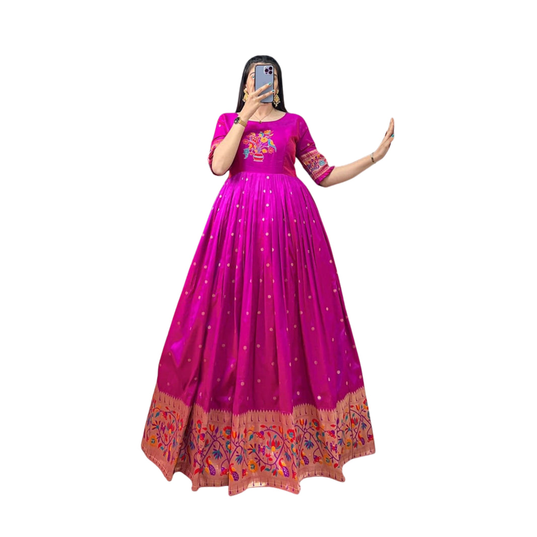 SHRISEVA Full One Piece Paithani Gown Bright Rani Pink Colour Free Size Pack Of 1 Traditional Ethnic Festive Wear