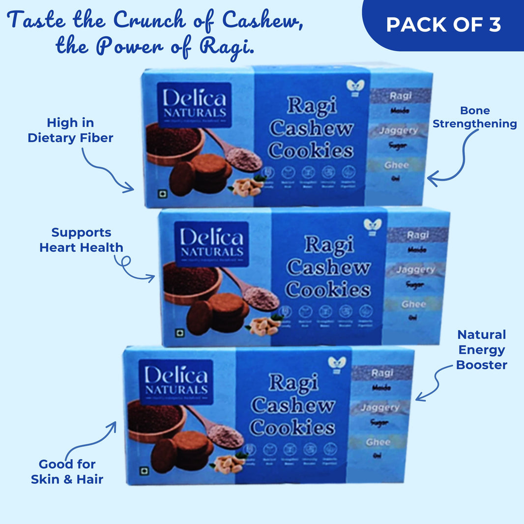 DELICA NATURALS Ragi (Nachani) Cashew Nut Cookies, Pack of 3, Stri Shakti SHG, Made by Jaggery & Ghee, No Maida, No Sugar, Pack of 100 gm