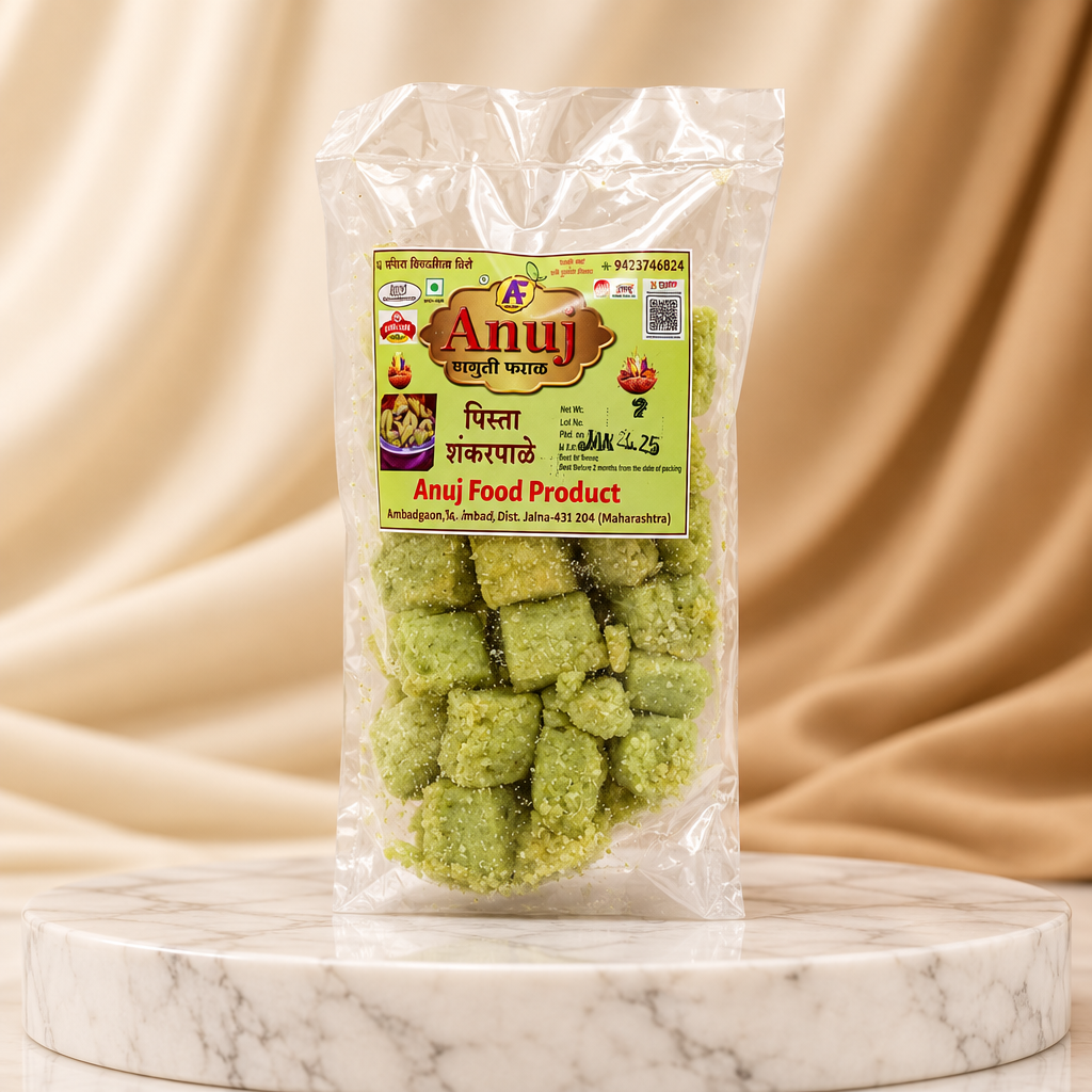 ANUJ Pista Shankarpale Pack Of 100gm Pistachio Flavoured Sweet Snack Crispy Traditional Maharashtrian Treat