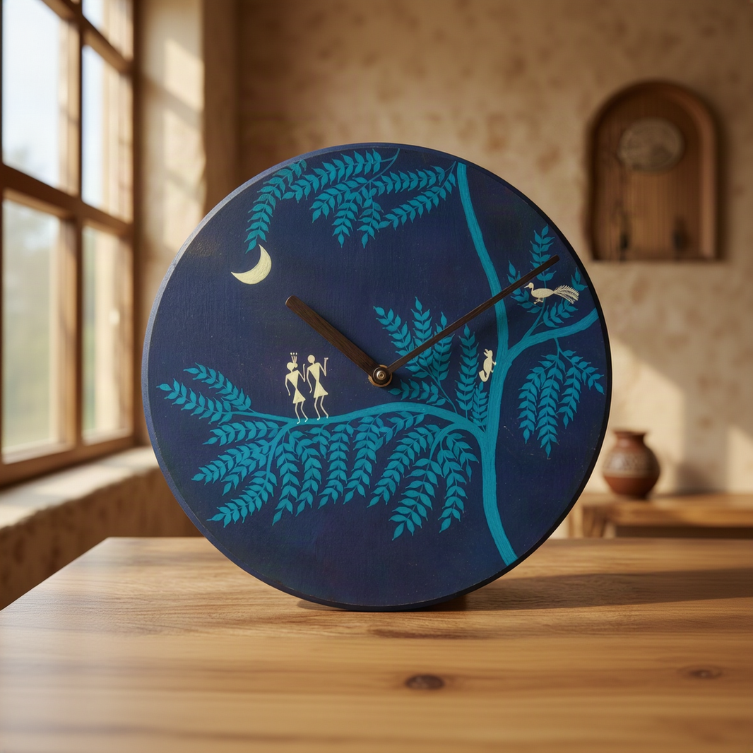 BHARARI CMRC Warli Blue Wall Clock Handcrafted Ethnic Tribal Design Pack of 1 Piece