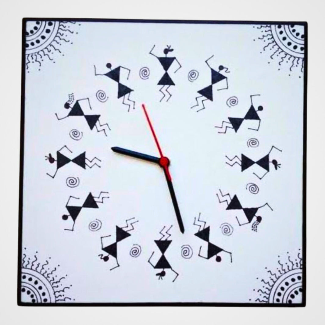 BHARARI CMRC Handmade Warli Painting Square Wall Clock Pack of 1 Piece Decorative Tribal Art Home Decor Unique Handcrafted Premium Design