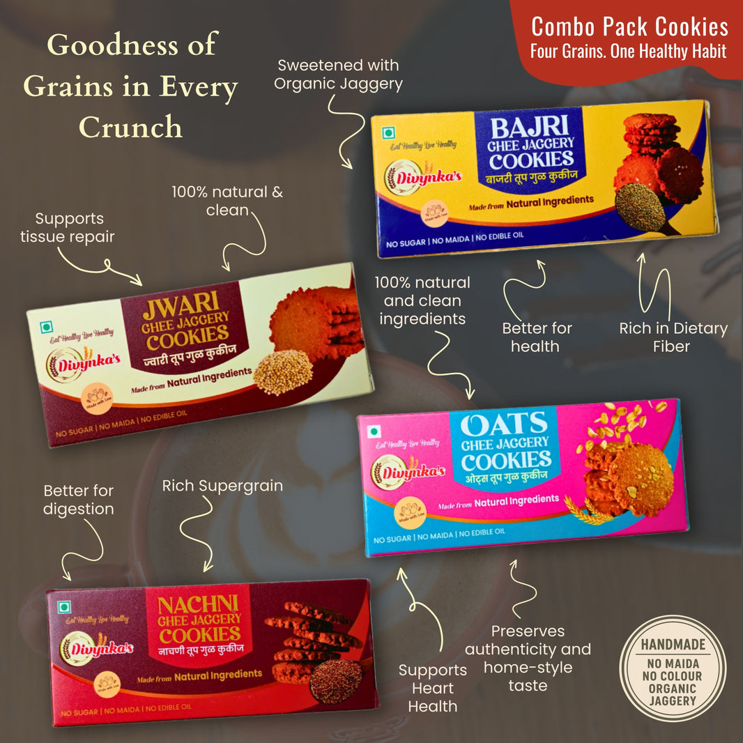 DIVYNKA Hand-made Whole Grain (Oats + Jwari + Bajri + Nachni) Cookies Combo Pack of 4, Made by Organic Jaggery, No Maida, No Artificial colour, Pack of 100 gm each