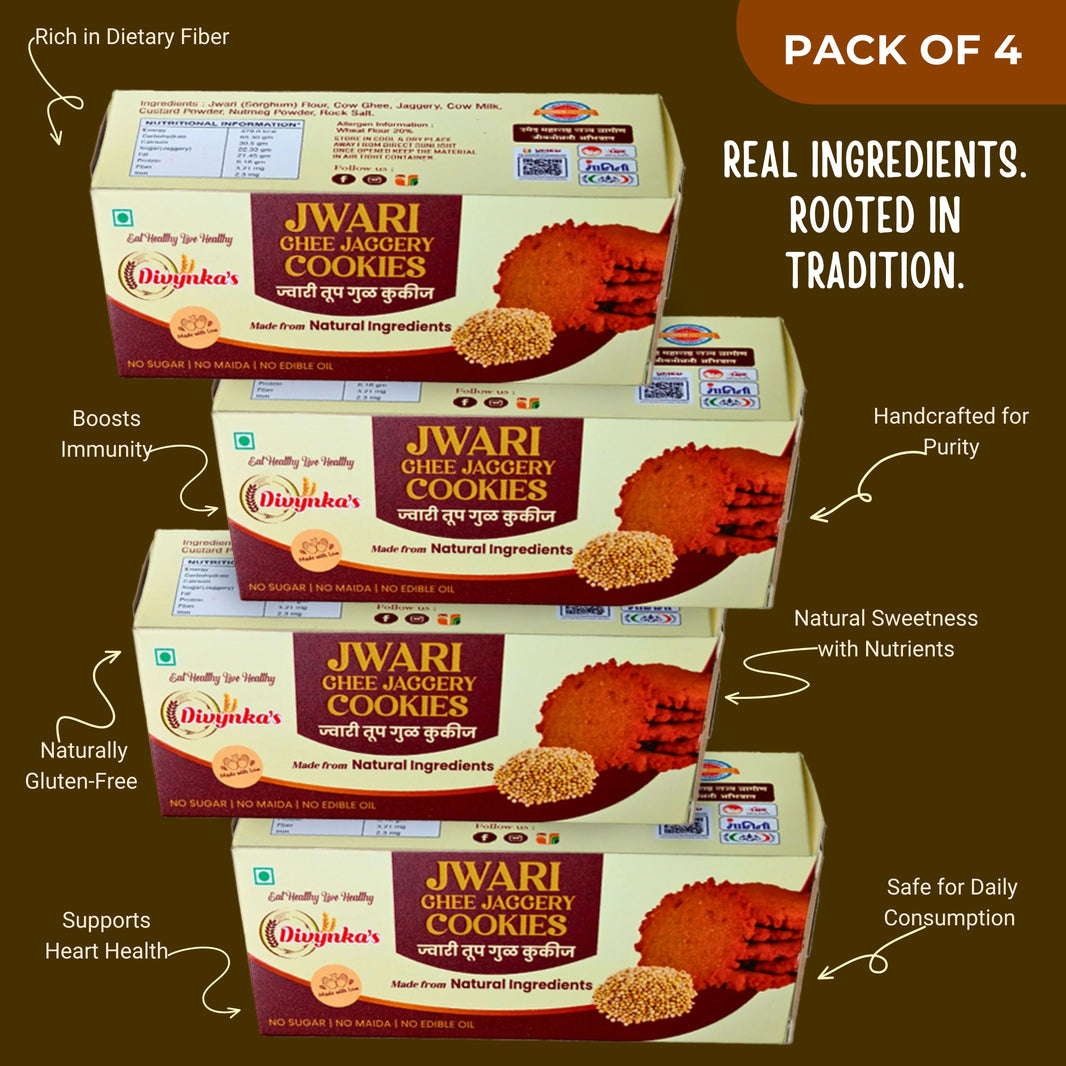 DIVYNKA Jawari Cookies – Healthy, Pack of 4, Handcrafted Cookies with Organic Jaggery, No Maida, No Artificial colour, Pack of 100 gm