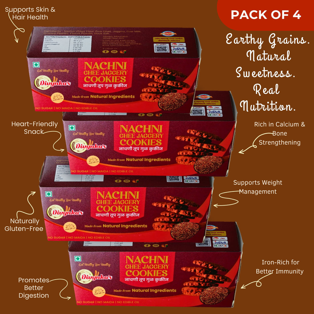 DIVYNKA Hand-made Nachani Cookies, Pack of 4, Made by Organic Jaggery, No Maida, No Artificial colour, Pack of 100 gm