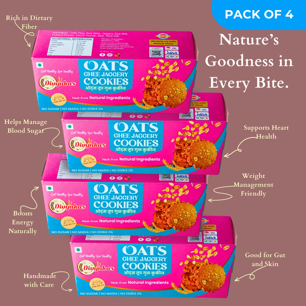 DIVYNKA Hand-made Oats Cookies, Pack of 4, Made by Organic Jaggery, No Maida, No Artificial colour, Pack of 100 gm